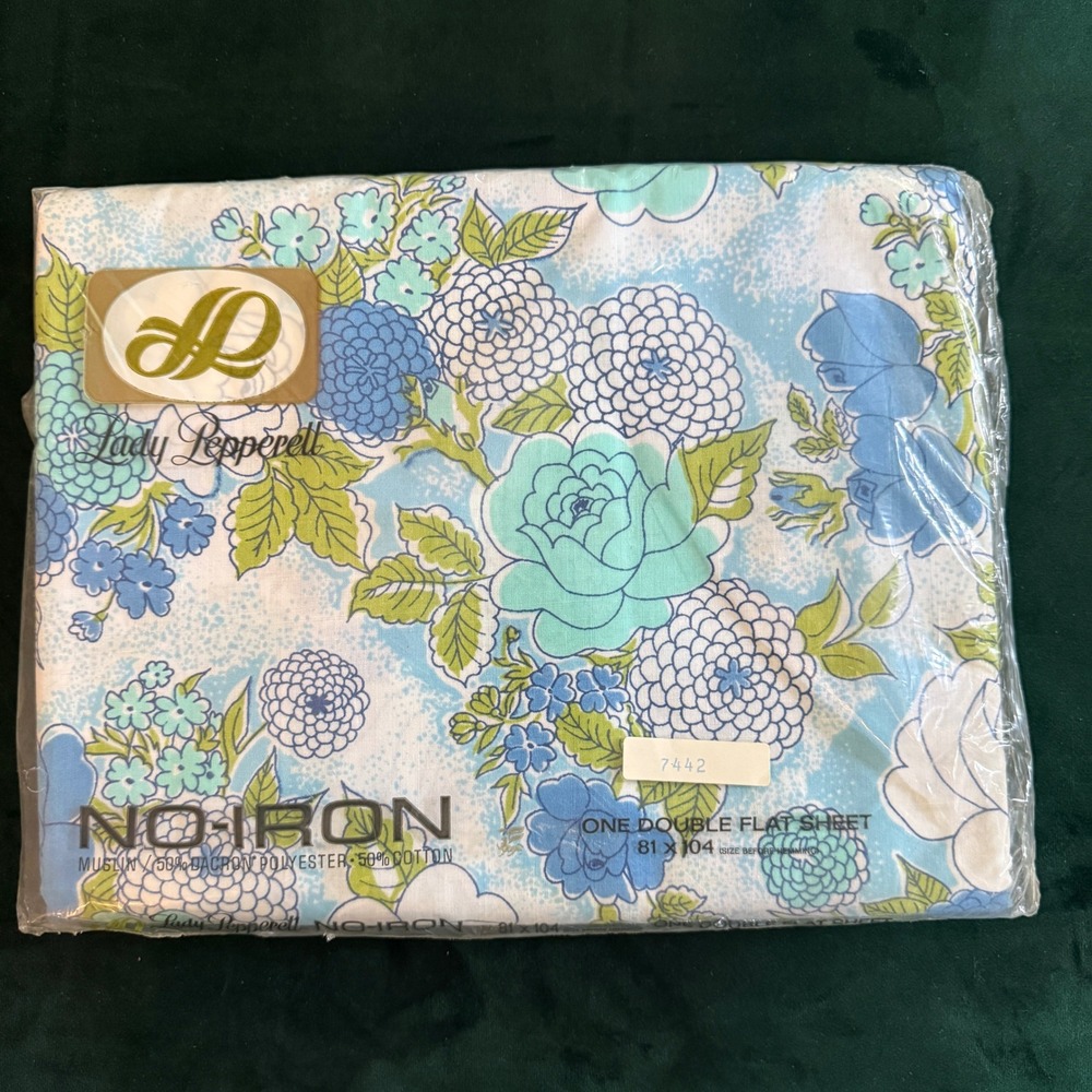 Lady Pepperell Regency Rose Vintage Double Flat Sheet Blue Floral No-Iron Muslin